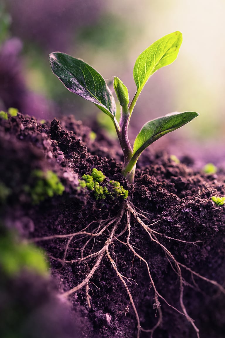 A young green seedling growing in dark soil showing its healthy root system for gardening.
