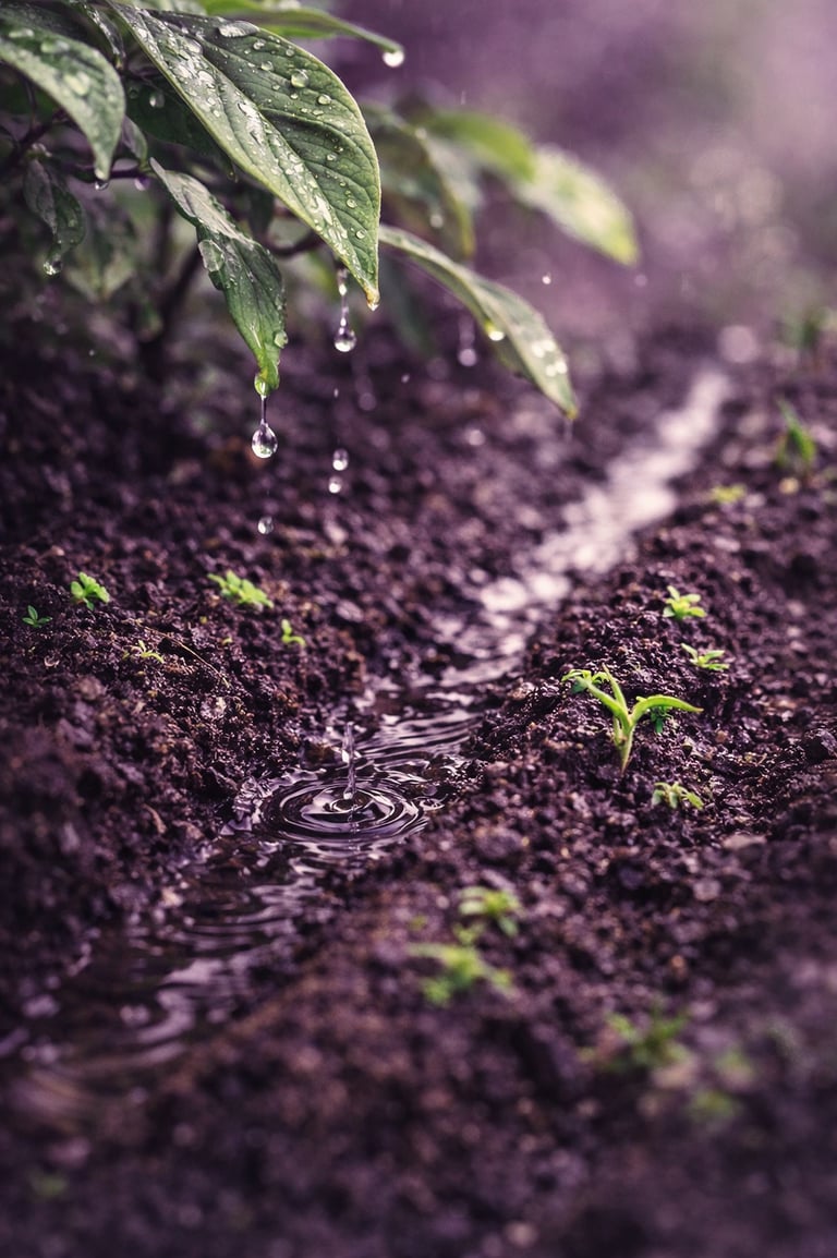 Raindrops falling from green leaves into a garden furrow with fresh soil and young sprouts.
