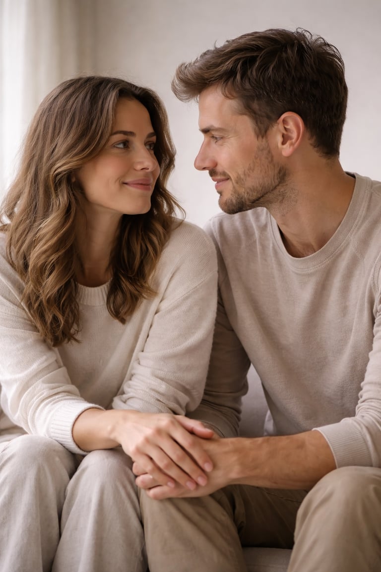 Smiling young couple in neutral knit sweaters holding hands while sitting together on a couch at home.
