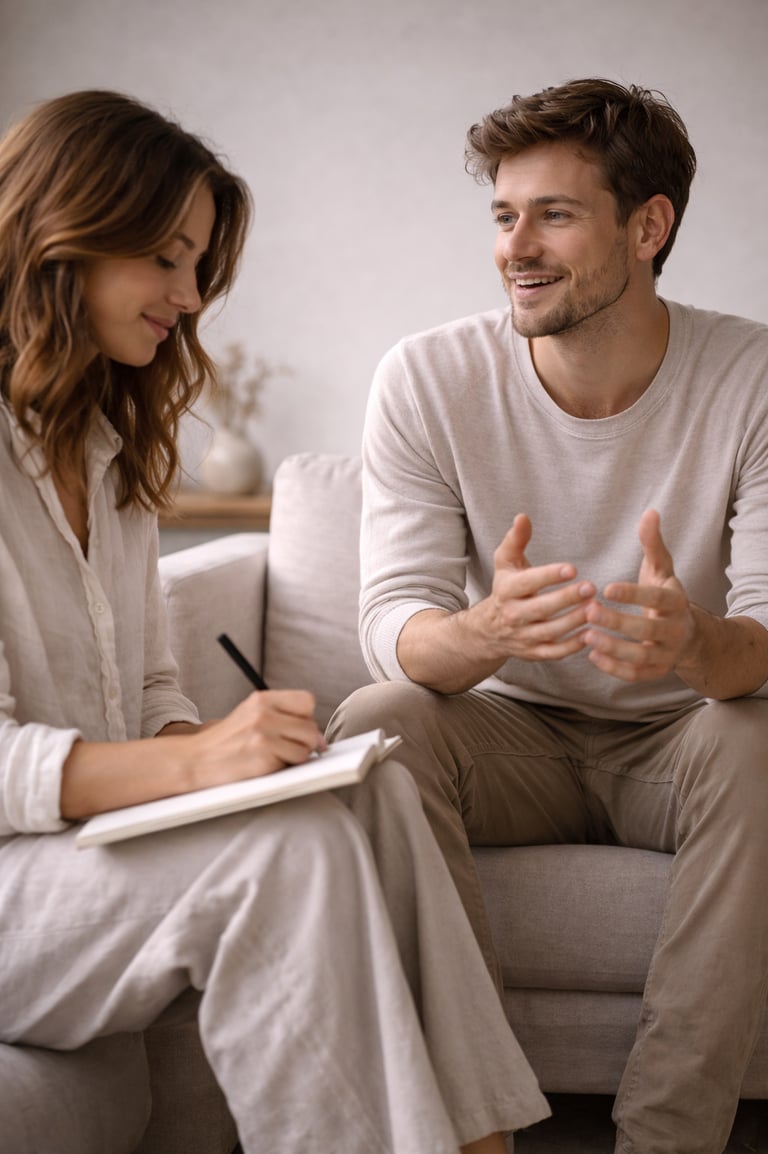 Professional therapist taking notes while a smiling male patient talks during a therapy session.