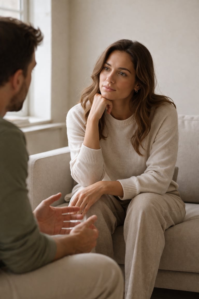 A woman listens intently during a professional counseling session or therapy meeting.