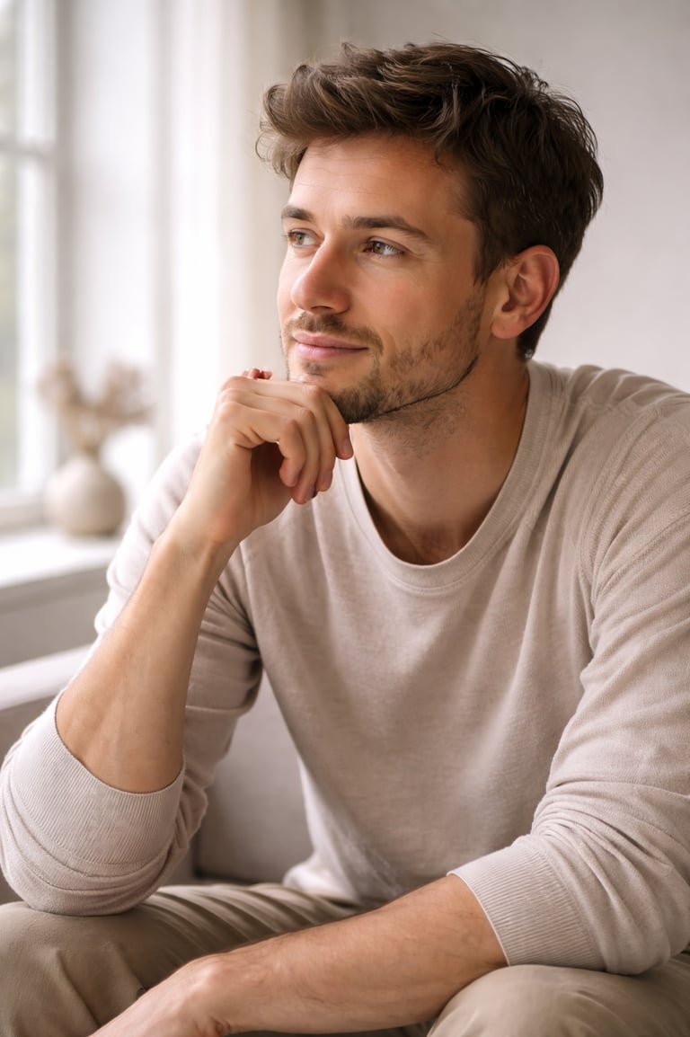 Thoughtful man with a beard sitting indoors in a casual beige sweater looking out the window.