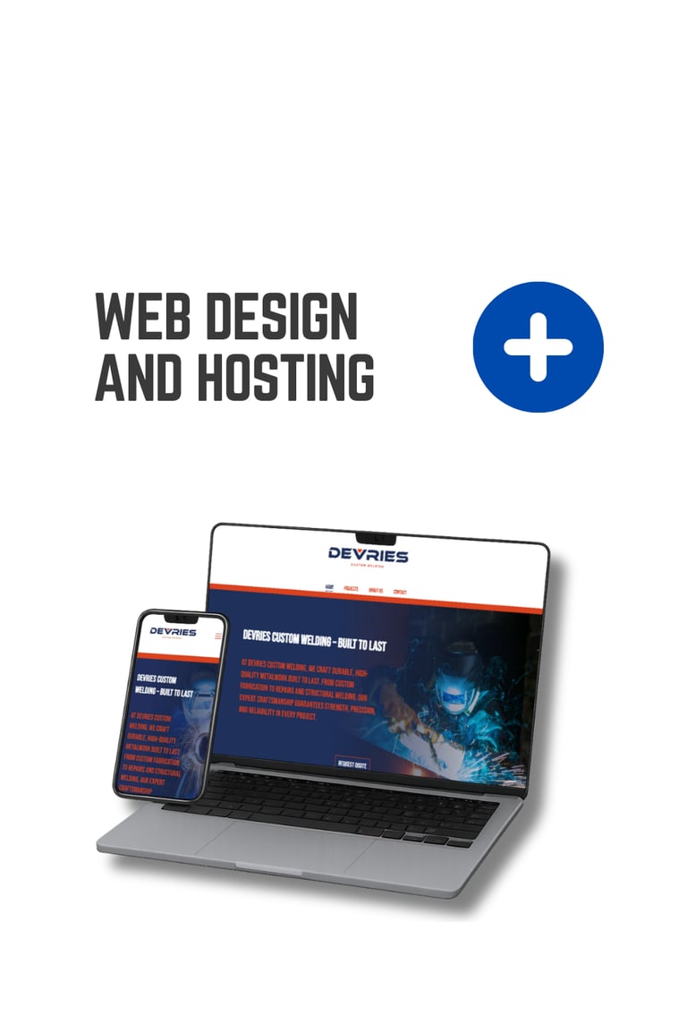 Responsive web design and hosting mockup showing a welding company website on a laptop and smartphone.