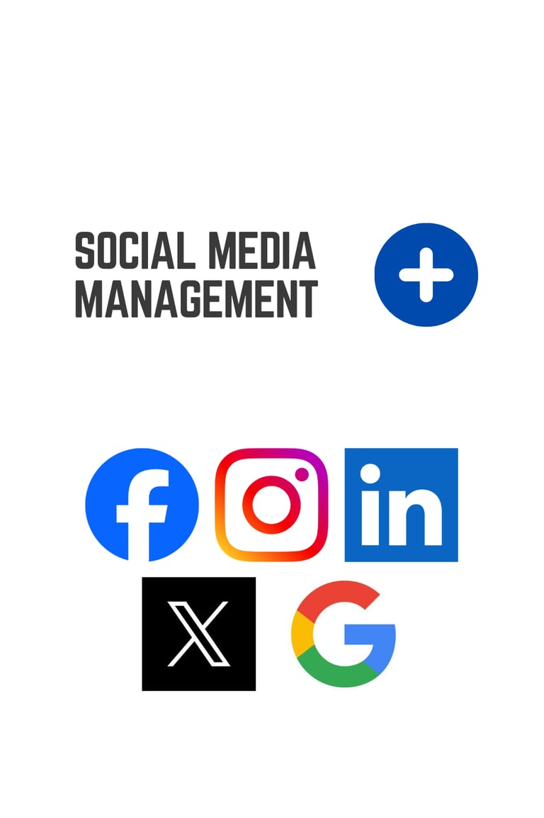Social media management icons including Facebook, Instagram, LinkedIn, X, and Google.
