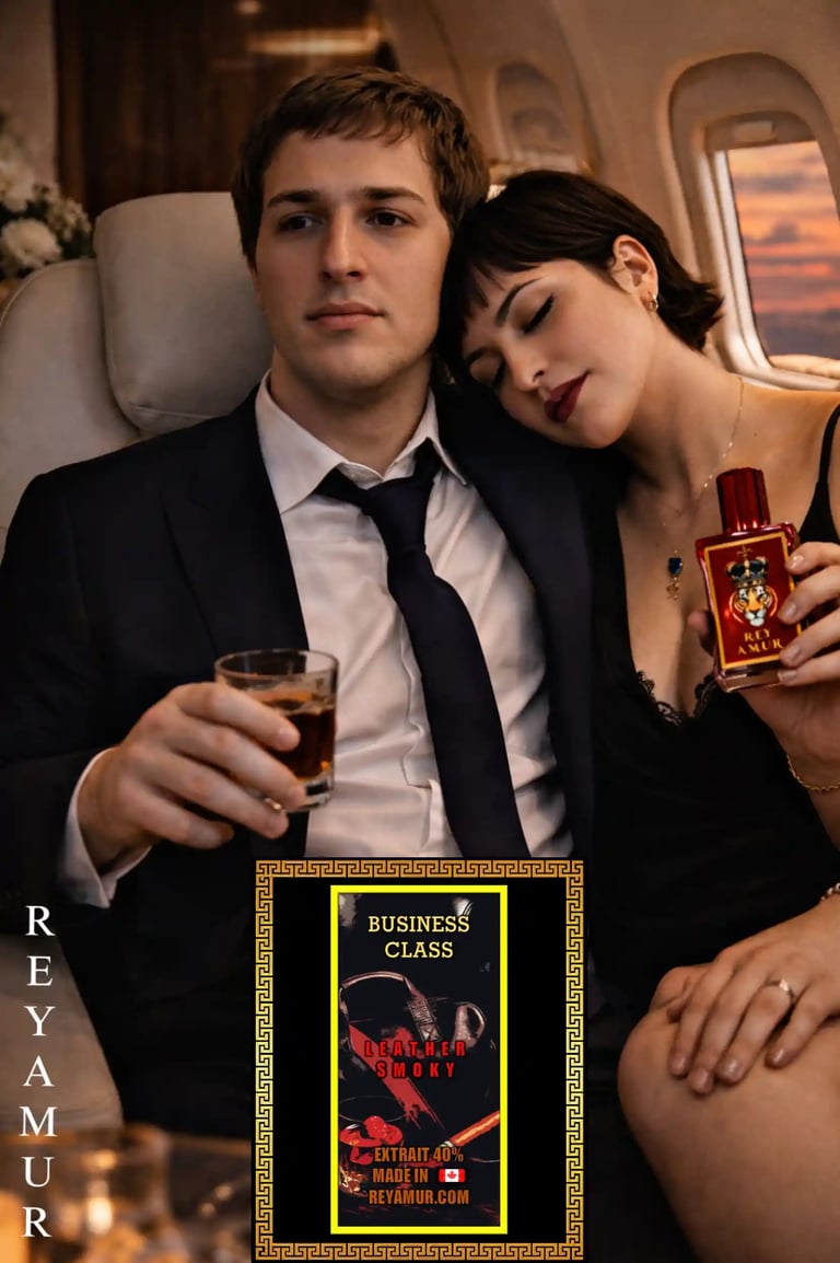Confident couple with REYAMUR Business Class leather fragrance