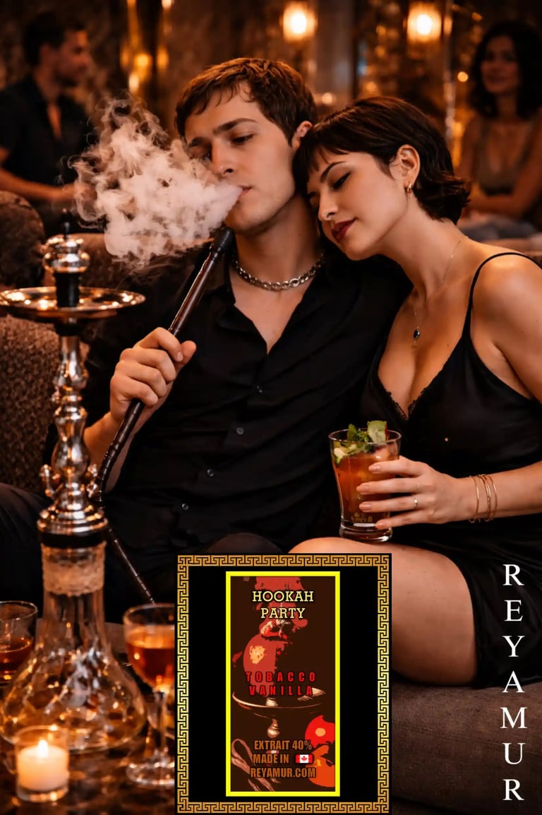 Nightlife couple enjoying REYAMUR Hookah Party smoky fragrance