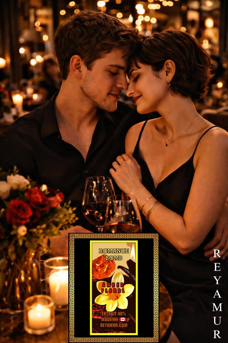 Romantic couple with REYAMUR Romance Bomb fragrance glowing presence