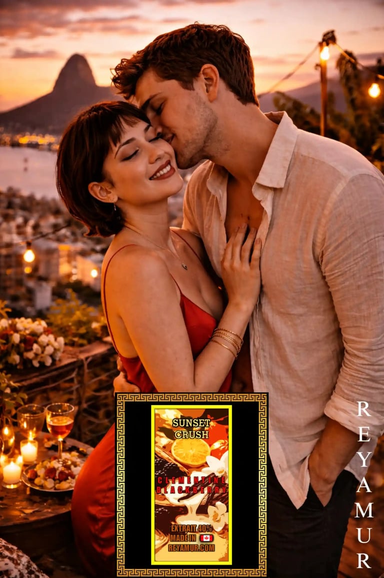Couple at sunset wearing REYAMUR Sunset Crush fragrance