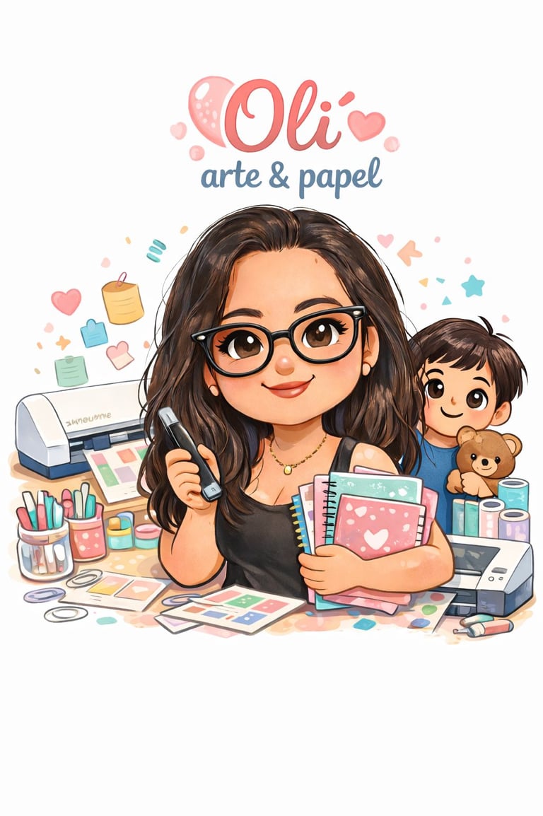 logo para Oli Arte e Papel mostrando a una mujer y niño con papeles