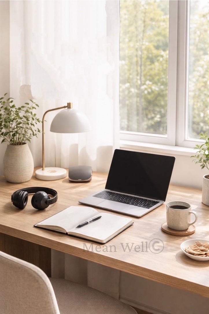 A minimalist home office desk with a laptop, open notebook, black headphones, and a cup of coffee by a sunny window.