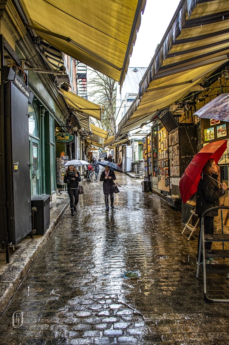 Photo of wet Quebec street scene