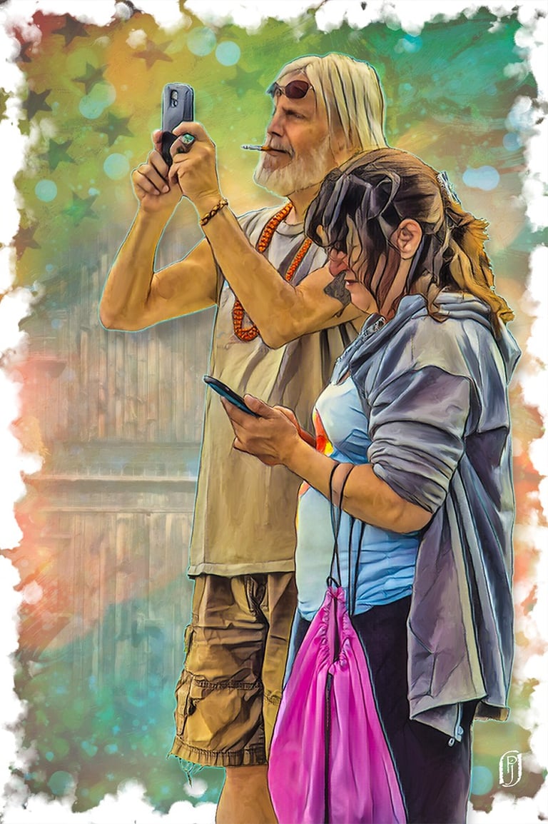 Digital painting of a man and woman experience life through their smart phones