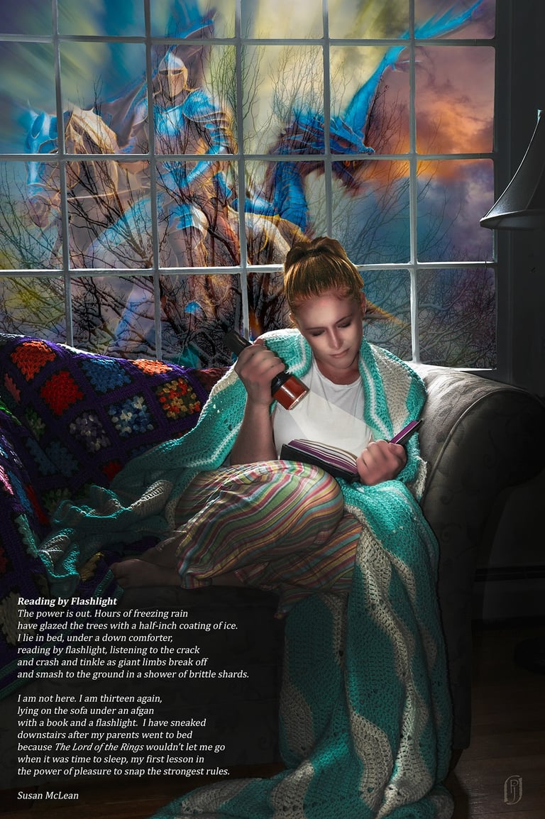 Photo art image of girl reading fantasy book by flashlight
