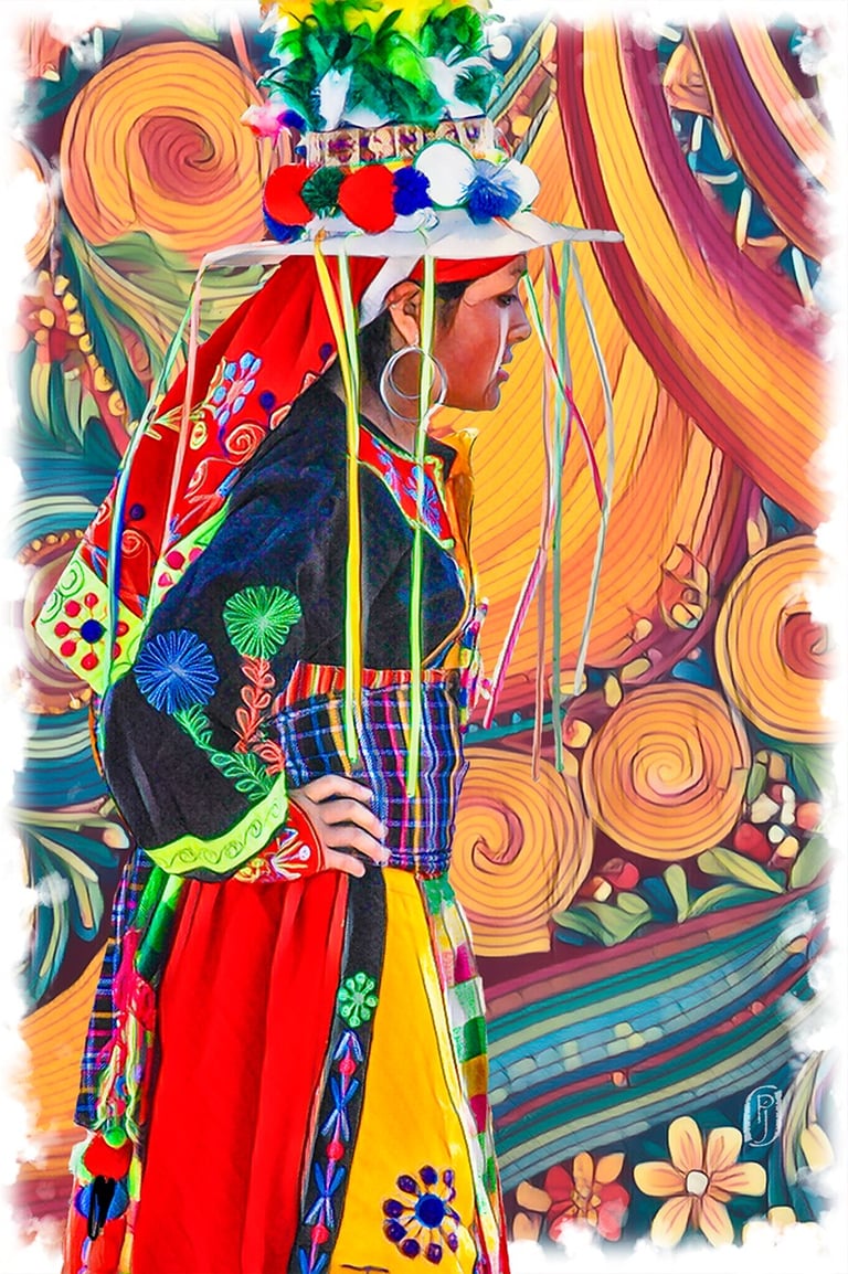 Digital painting of Bolivian woman in colorful native clothes