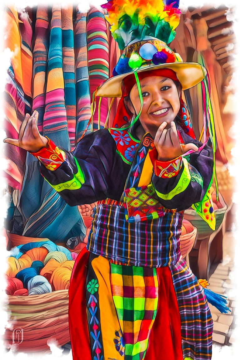 Digital painting of a beckoning Bolivian woman in colorful native clothes