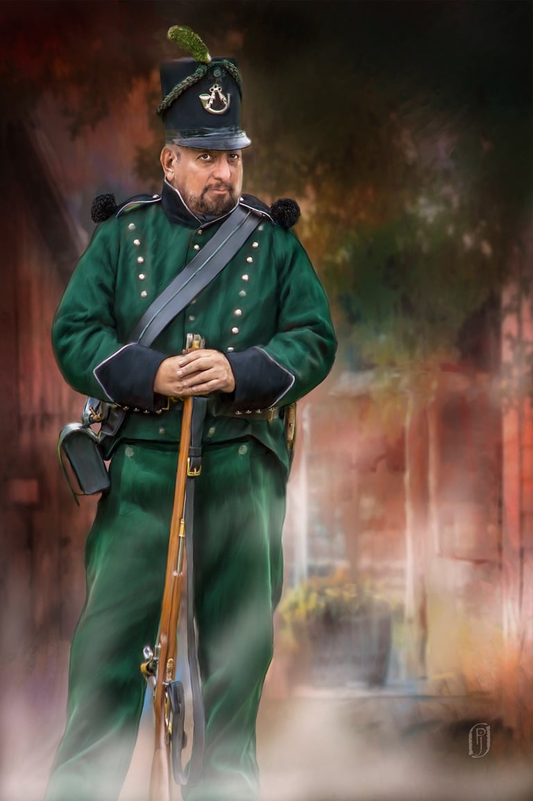 Digital painting of a 19th century British green jacket soldier
