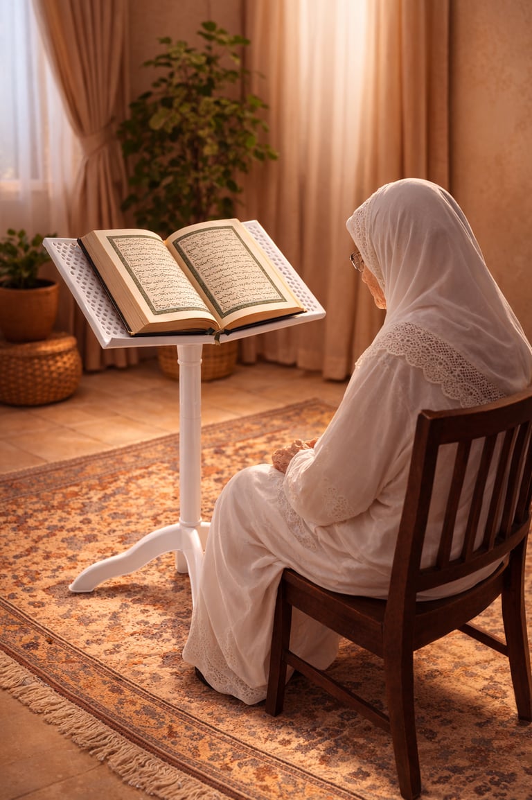 woman using a foldable stand to hold a book at eye level