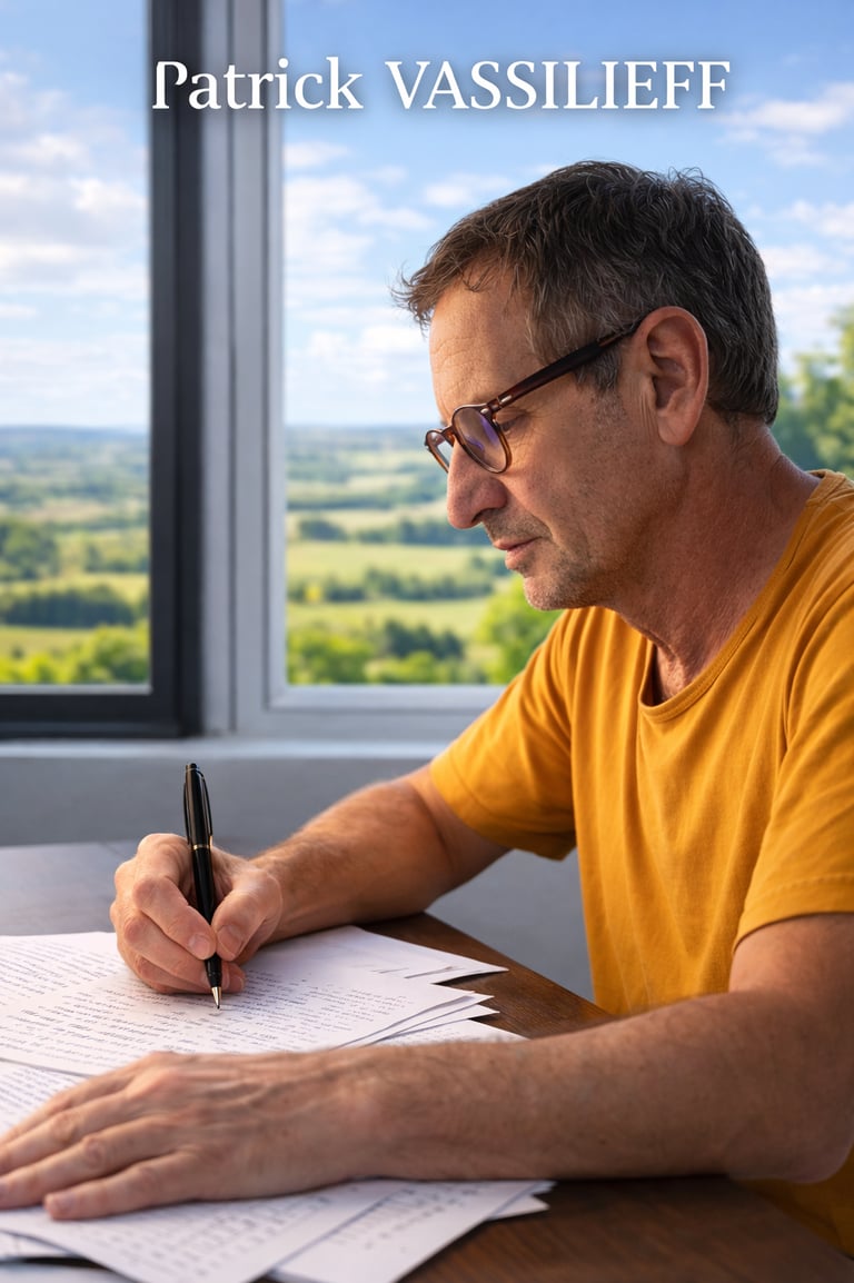 Author Patrick Vassilieff writes on paper at a desk overlooking a scenic landscape.