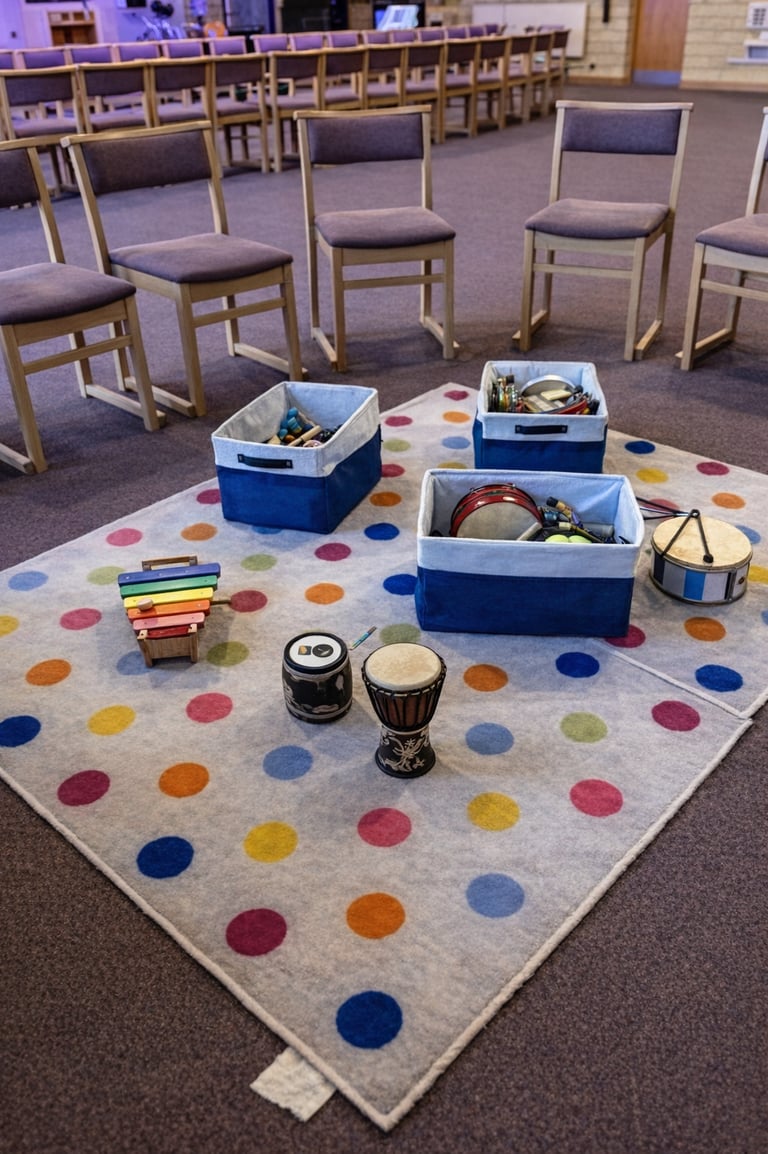 Musical instruments on spotty rug ready for toddler music group at Clavering Village Hall.