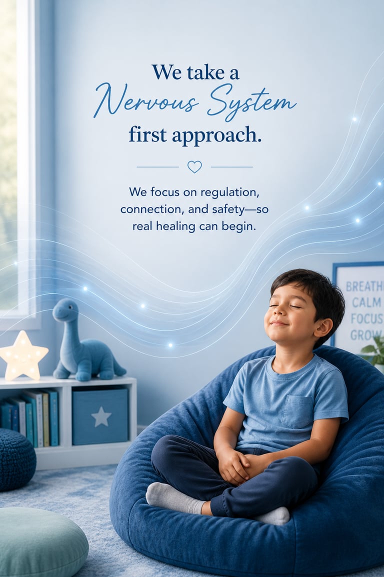 Calm child sitting peacefully in blue room with soft waves representing nervous system regulation