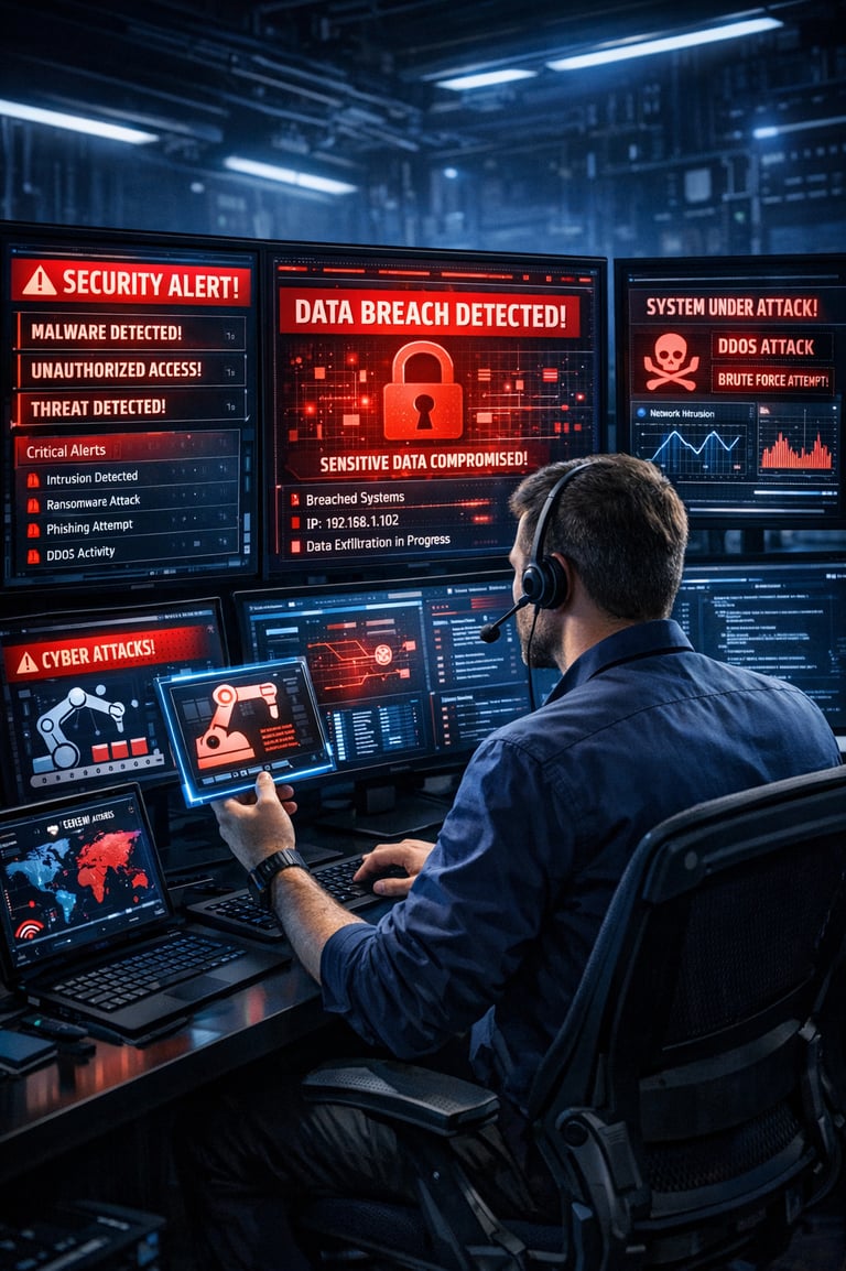 Profissional de TI analisando alertas de cibersegurança em múltiplas telas.