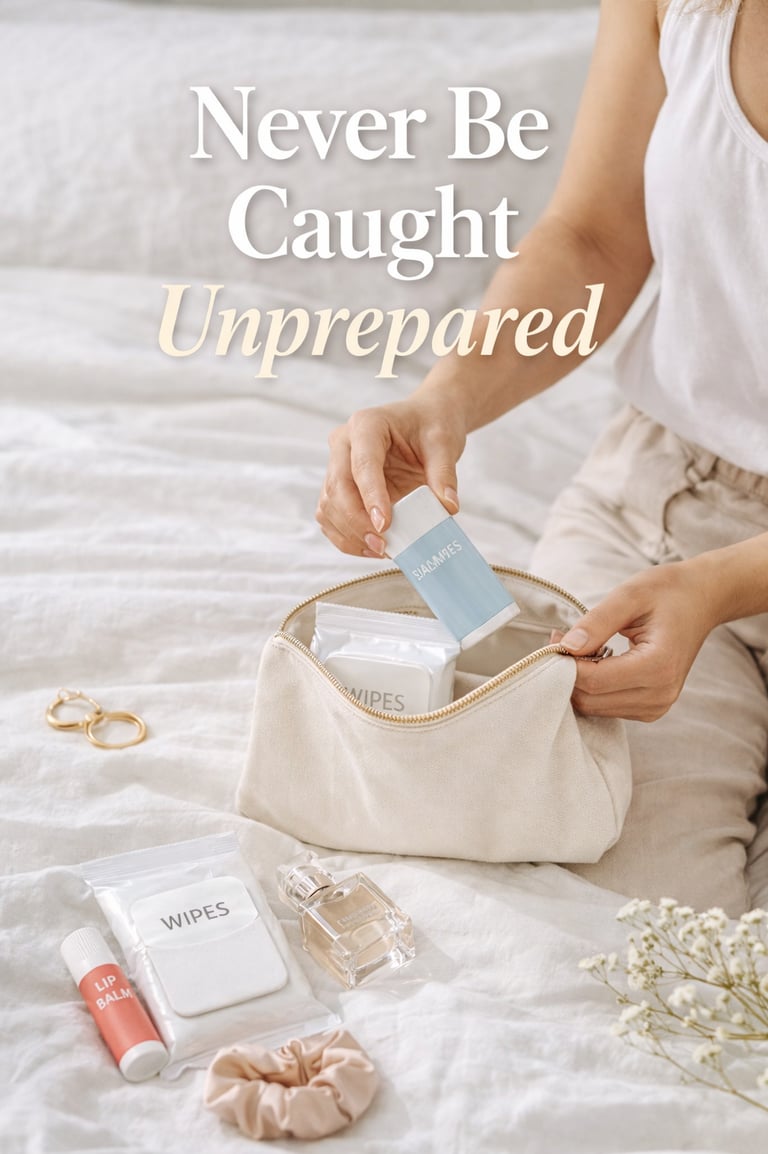 Woman packing a canvas travel cosmetic bag with toiletries, lip balm, and wipes on a white bed.