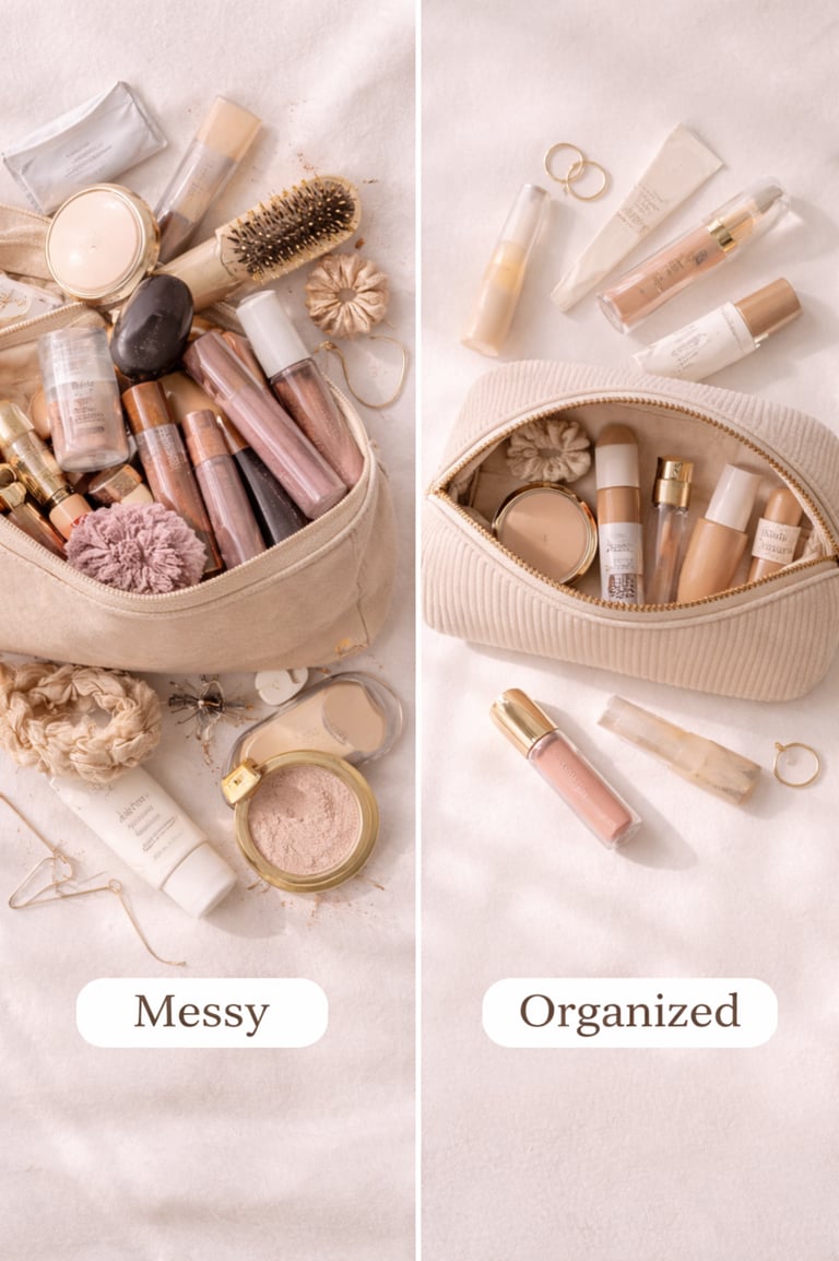 Comparison of a messy versus an organized makeup bag filled with luxury cosmetics and skincare products.
