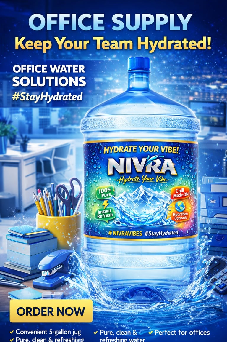 A 20 liter Nivra office water cooler jug on a desk with office supplies and a hydration message.