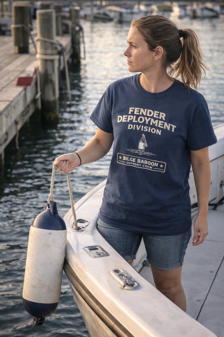 Woman on a boat wearing a Fender Deployment Division navy t-shirt while holding a marine buoy.