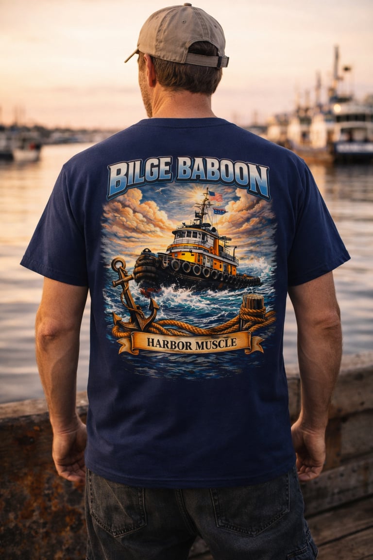 Man wearing a navy Bilge Baboon t-shirt with a vintage tugboat graphic and Harbor Muscle slogan at a harbor.