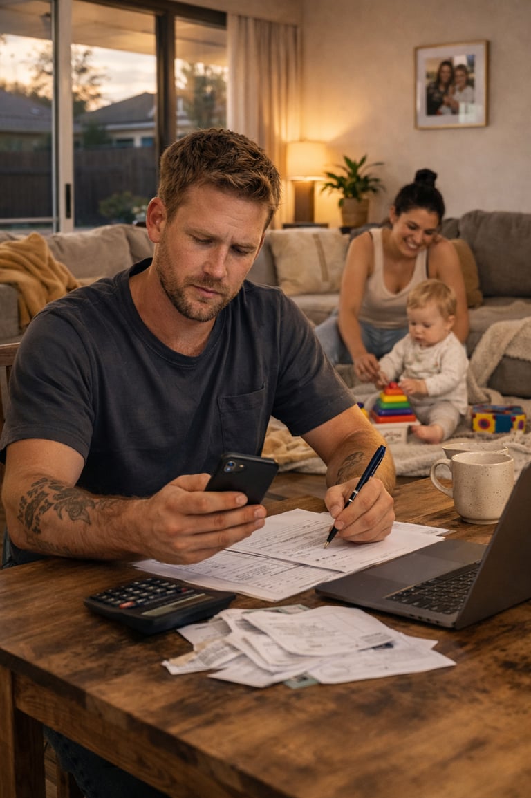 A tradie working on his phone while his family is playing without him.