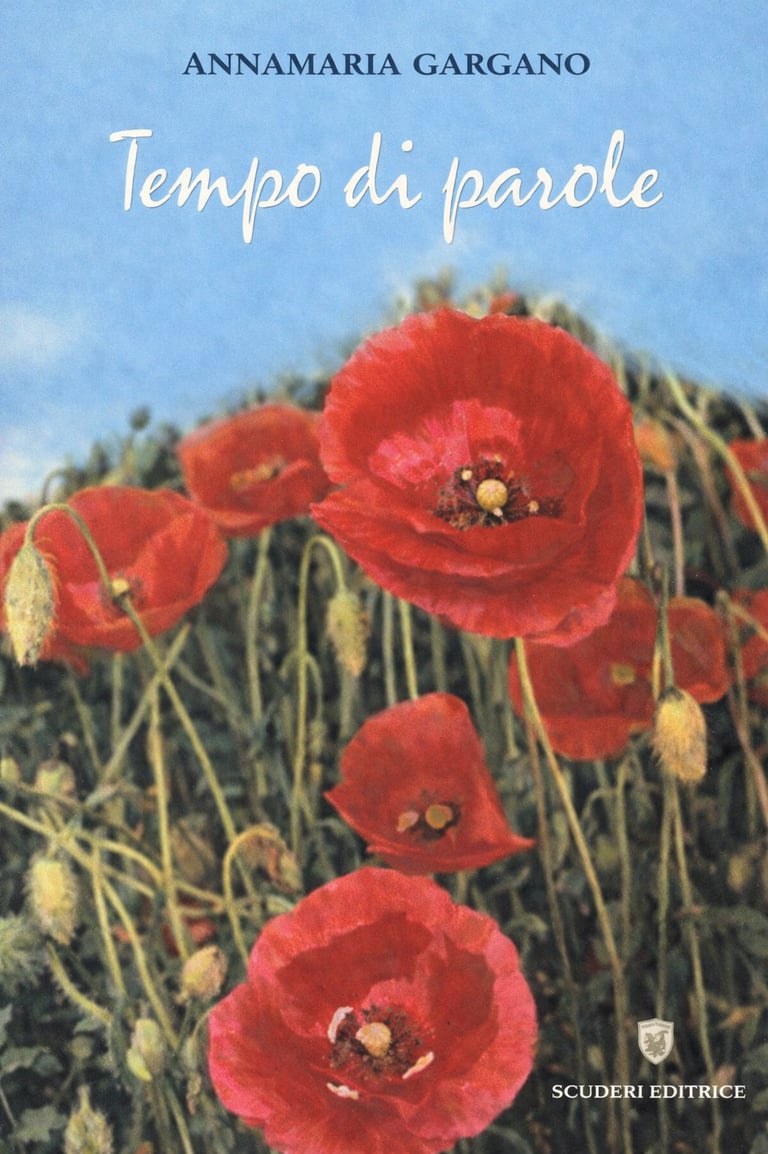 Book cover of Tempo di parole by Annamaria Gargano featuring vibrant red poppies against a blue sky.