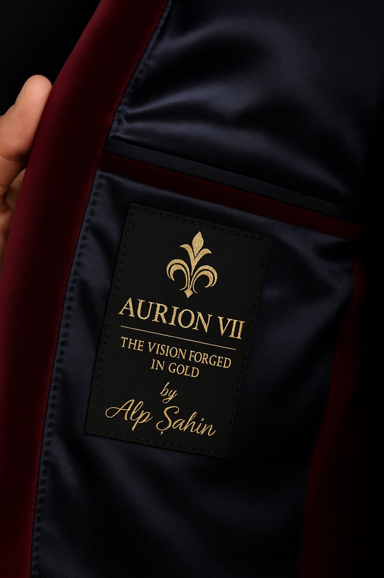 Close-up of the Aurion VII golden emblem inside a tailored jacket, representing elegance and crafted