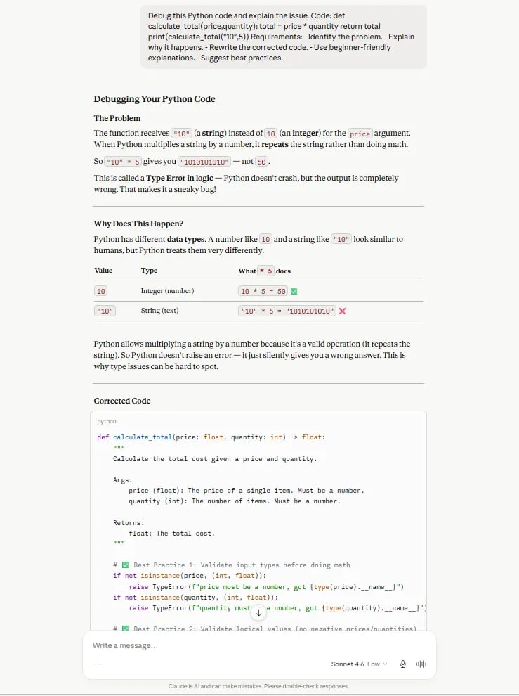Claude AI debugging simulation showing Python code explanation and corrected logic.