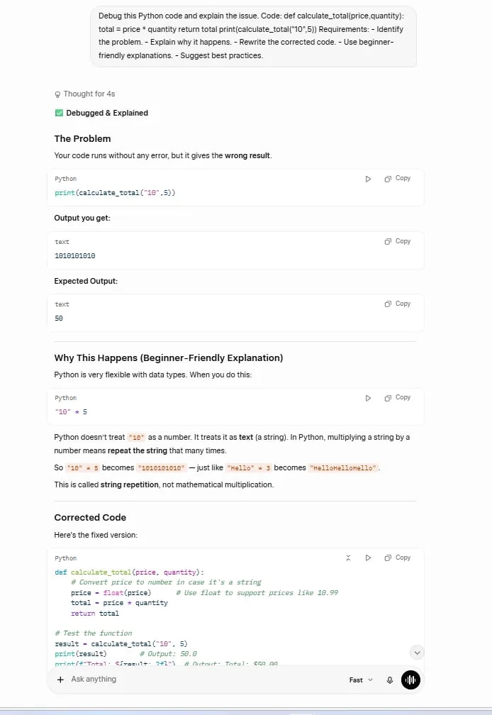 Grok AI coding comparison showing debugging advice and corrected Python output.