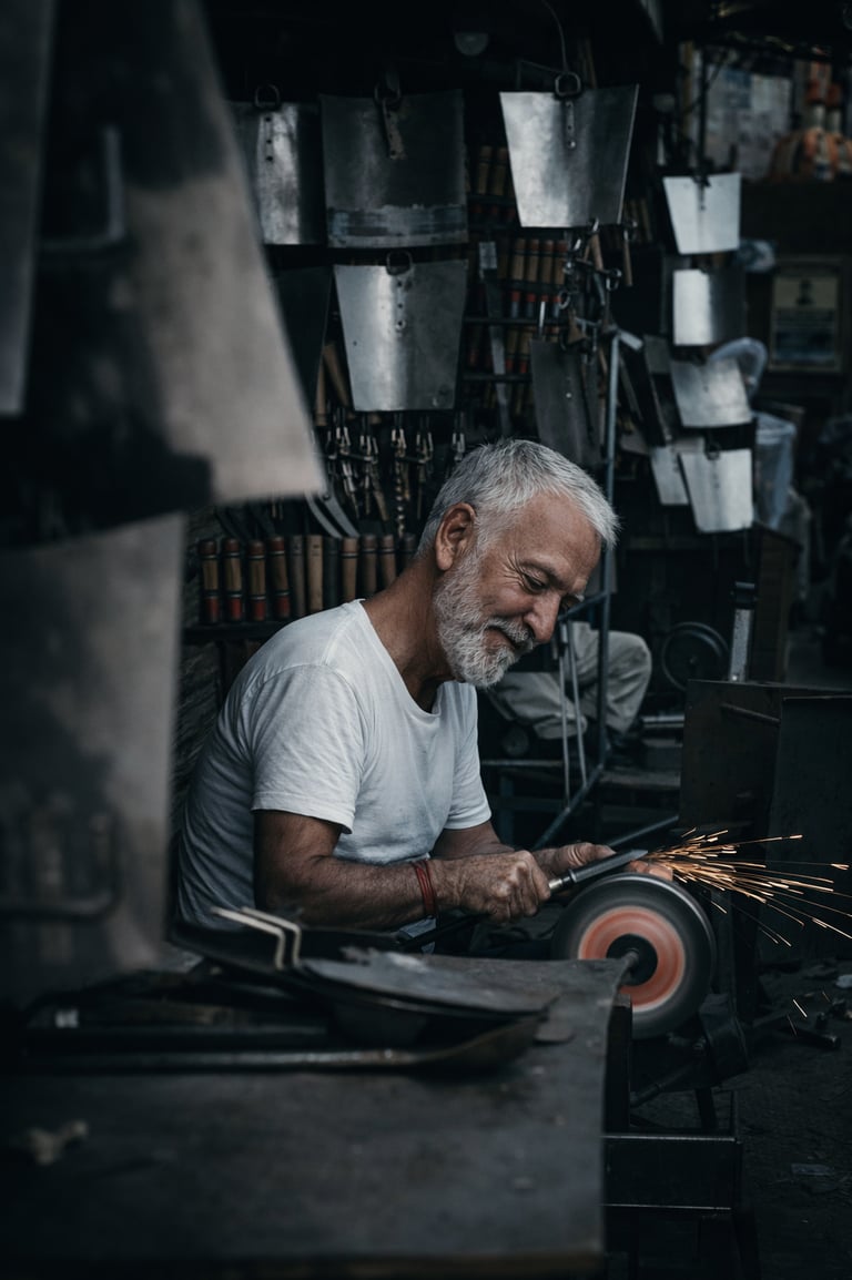Experienced craftsman sharpening a blade in a workshop with focus and precision
