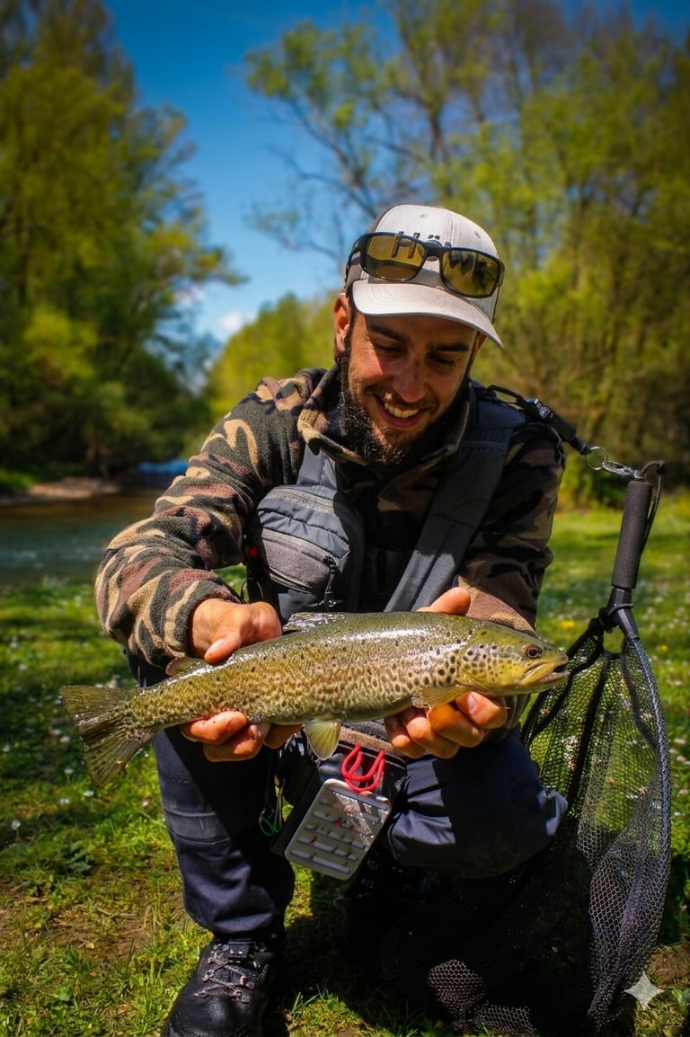 Guía de pesca con trucha en la mano pescada en el río Porma en León
