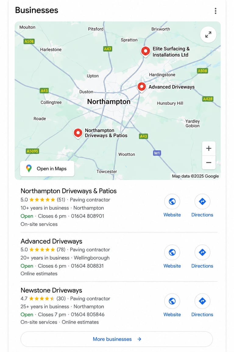 Google Maps business listings for Northampton paving contractors and driveway installation services.