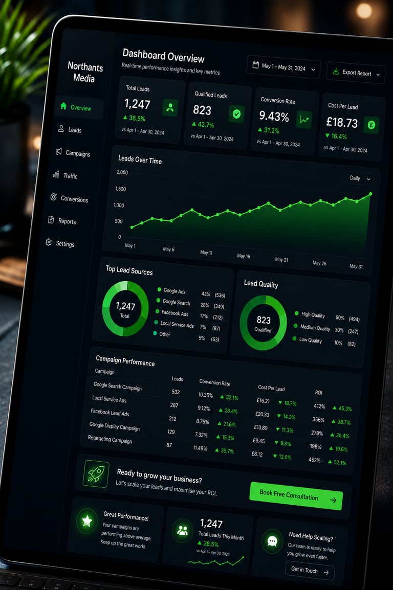 Marketing analytics dashboard on a laptop screen showing lead performance, conversion rates, and ROI data.