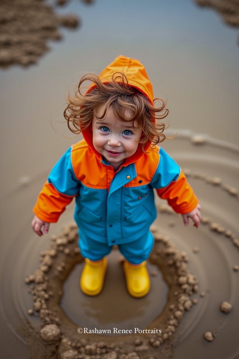 a toddler standing in a puddle of water