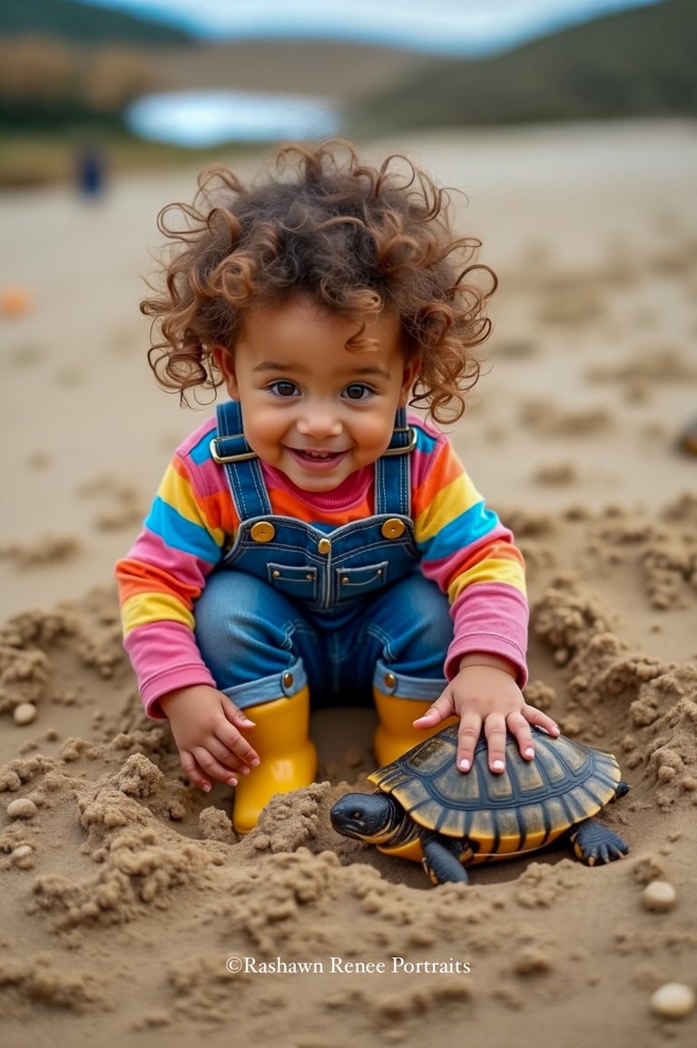 a baby girl in overalls and boots, playing in the sand