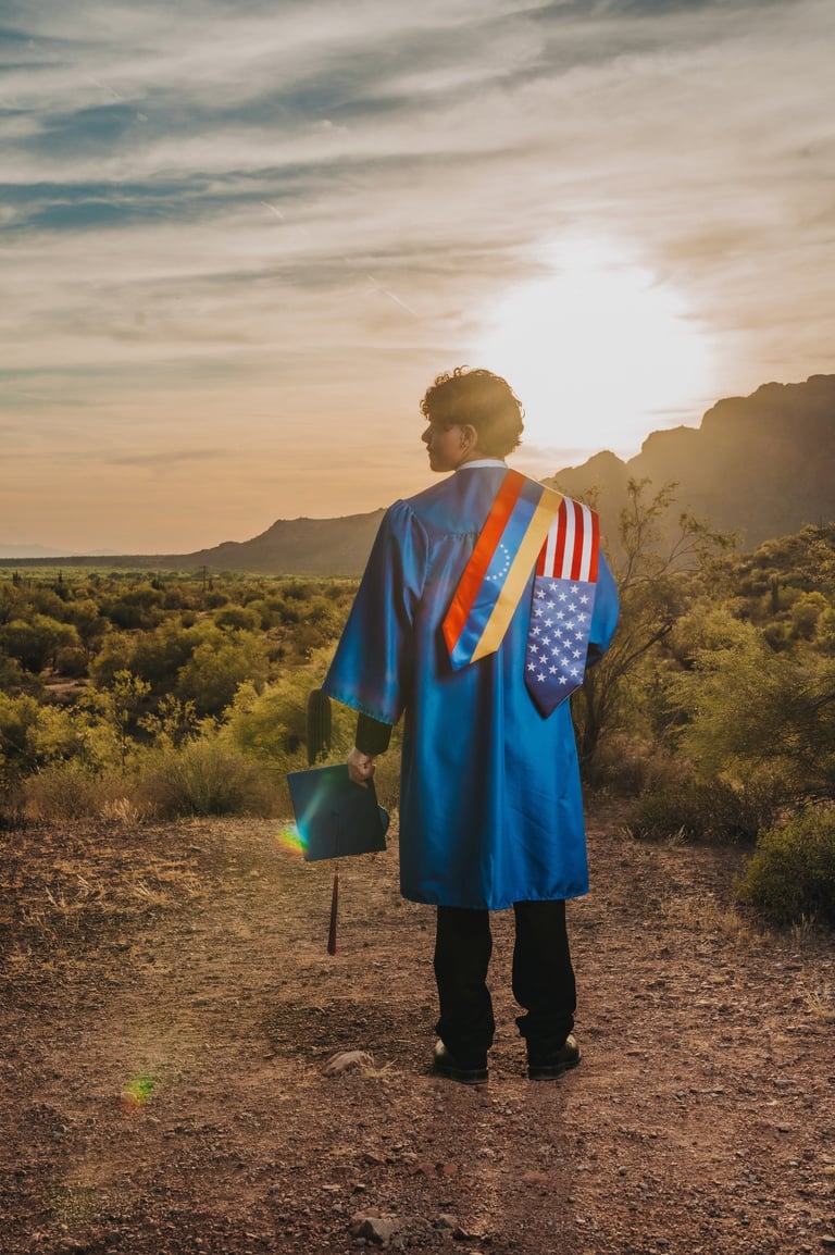 Graduate in blue cap and gown with a flag stole standing in a desert landscape at sunset.