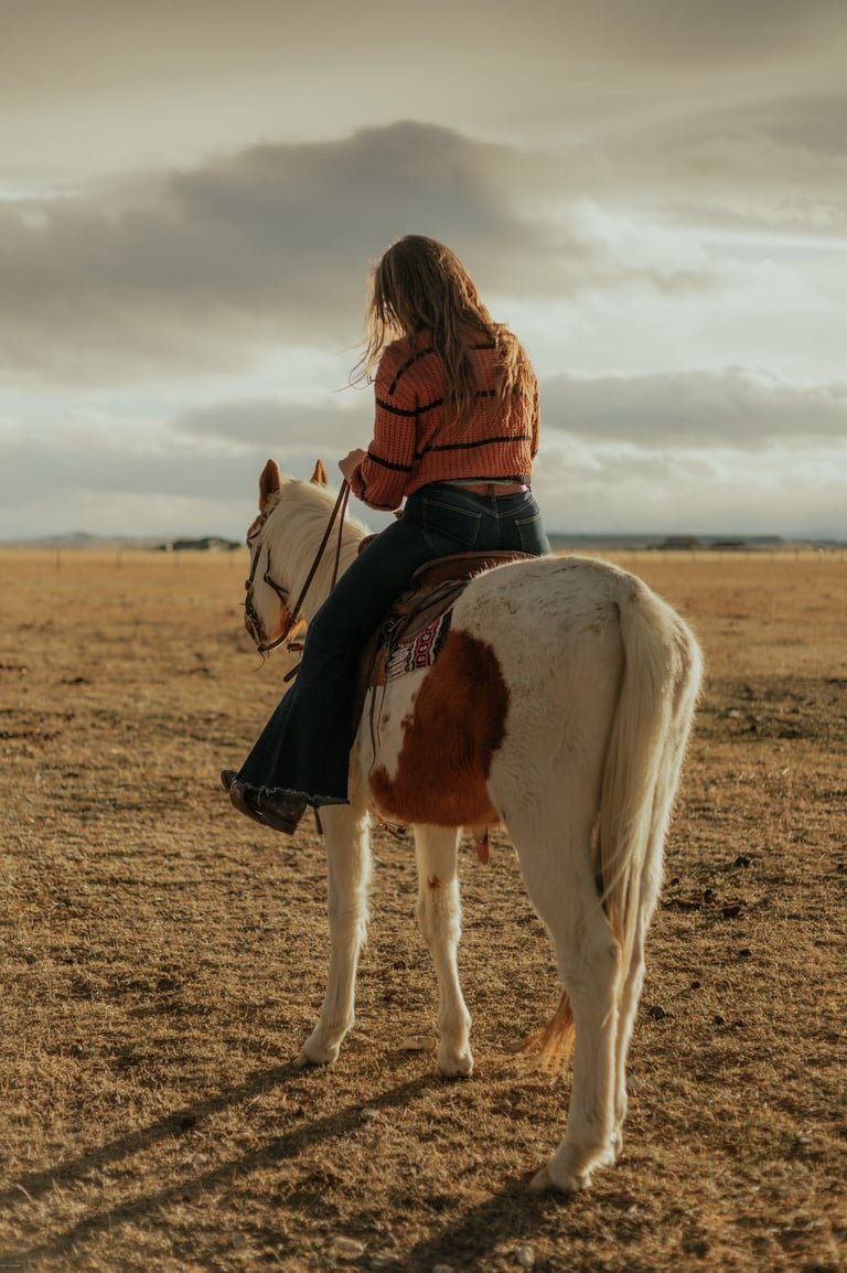 a woman riding a horse in a field