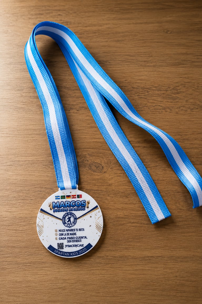Medallas plásticas personalizadas para eventos deportivos, empresas y acreditaciones institucionales con cinta sublimada.