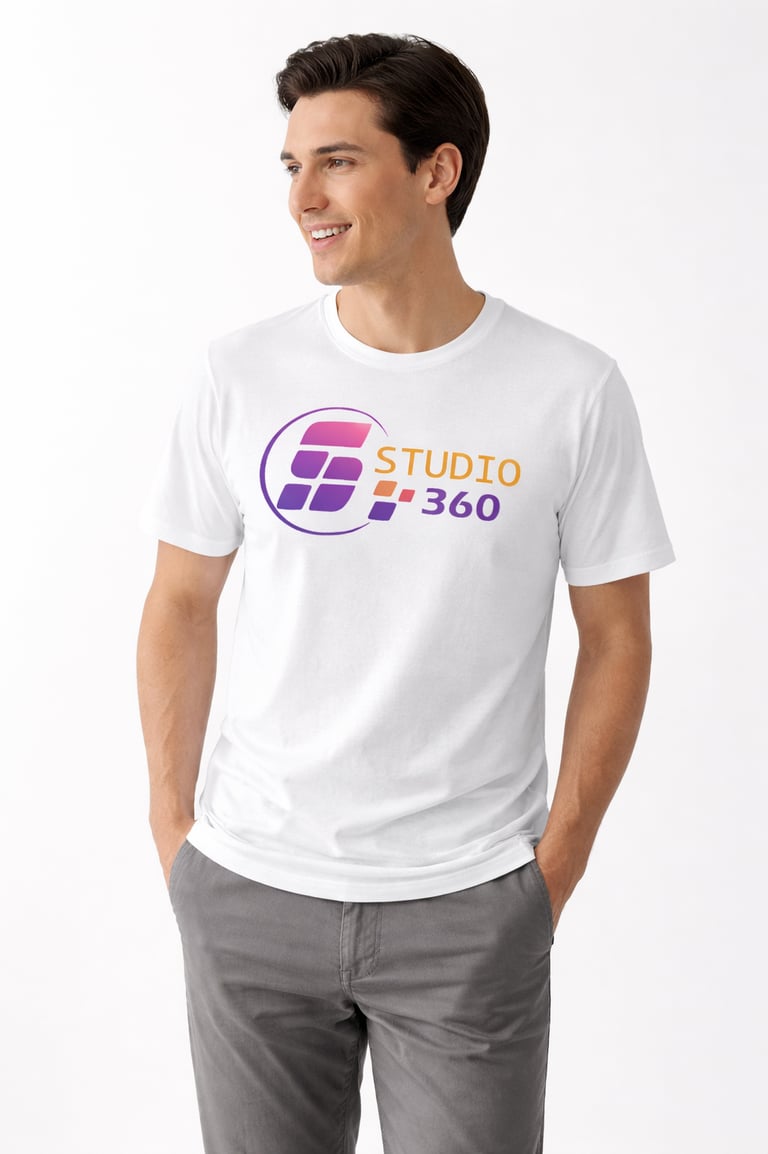 A smiling man wearing a white custom branded t-shirt featuring the Studio 360 graphic logo.