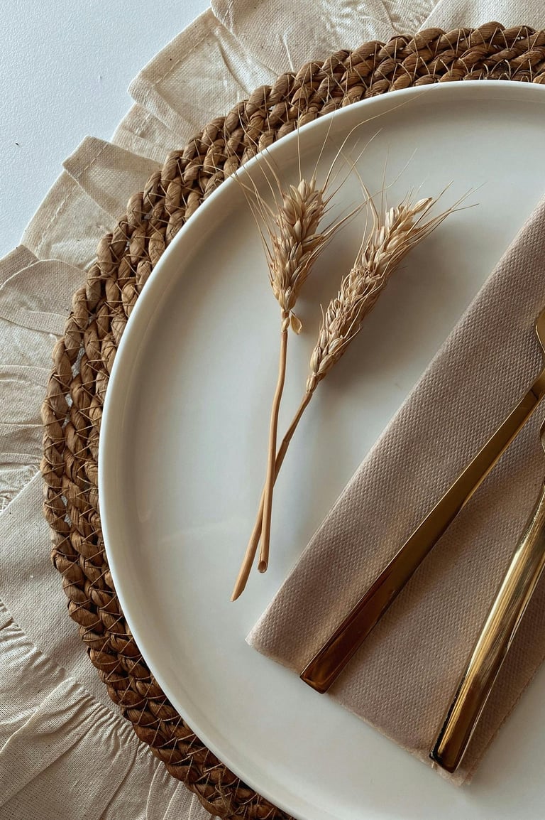 “Dining table with woven placemats, linen napkins, and ceramic plates for a modern rustic look.”