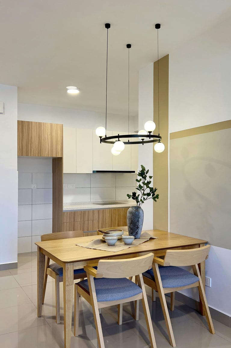 Soft and balanced color scheme in a modern dining space with earthy tones and minimalist design.