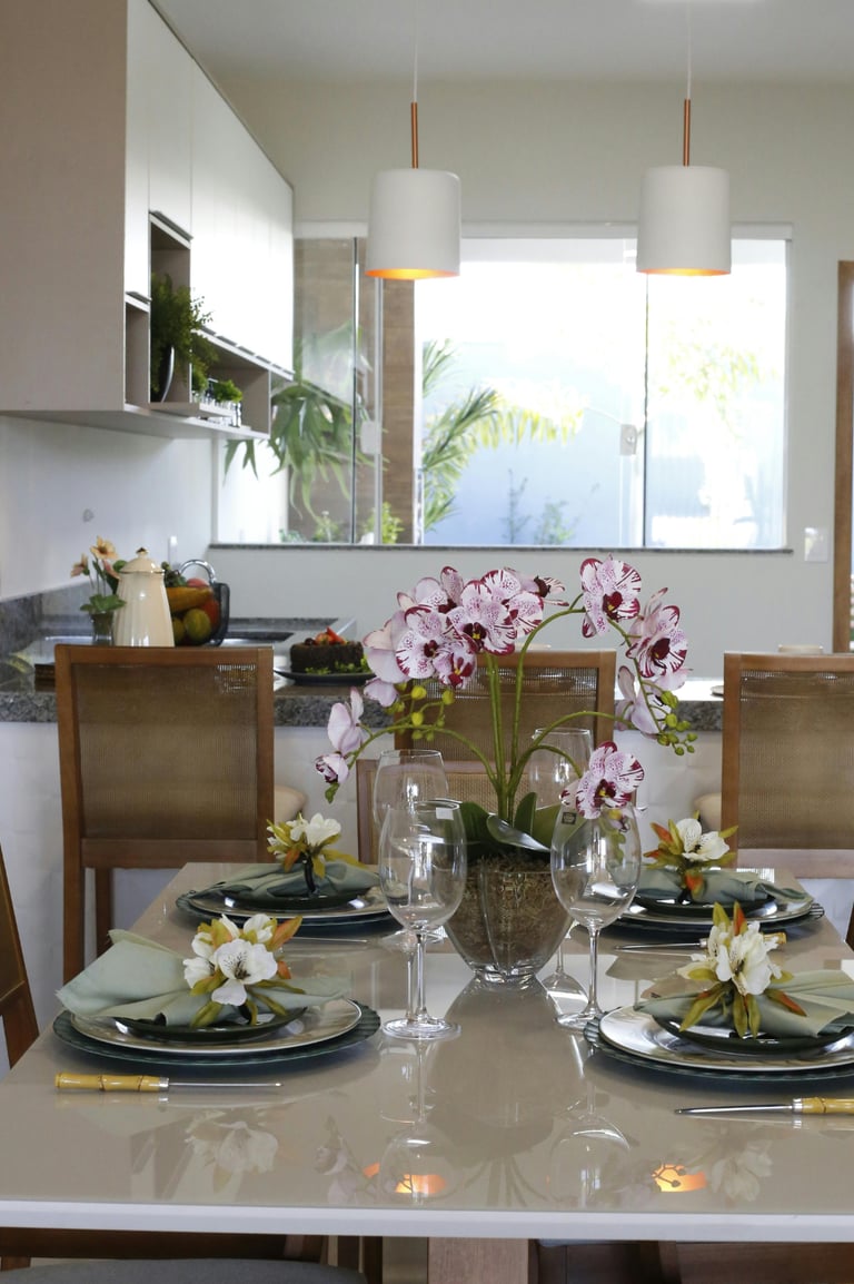 Modern dining room with a white marble table