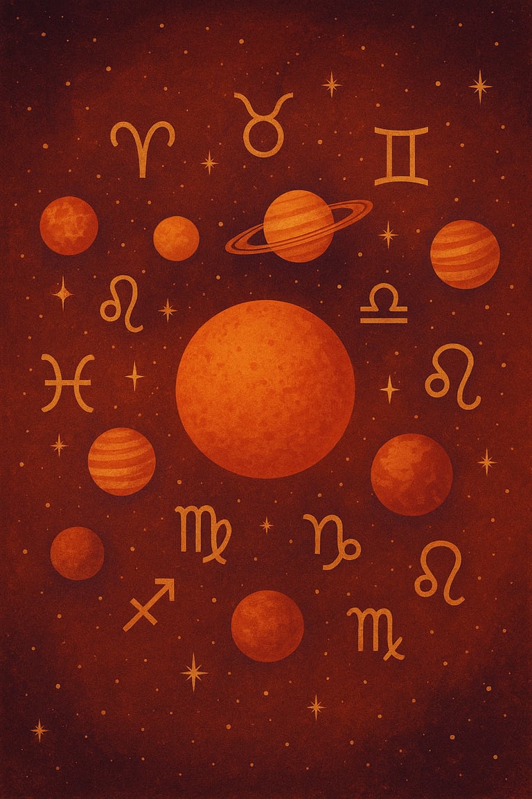 Planètes et signes astrologiques fond rouge