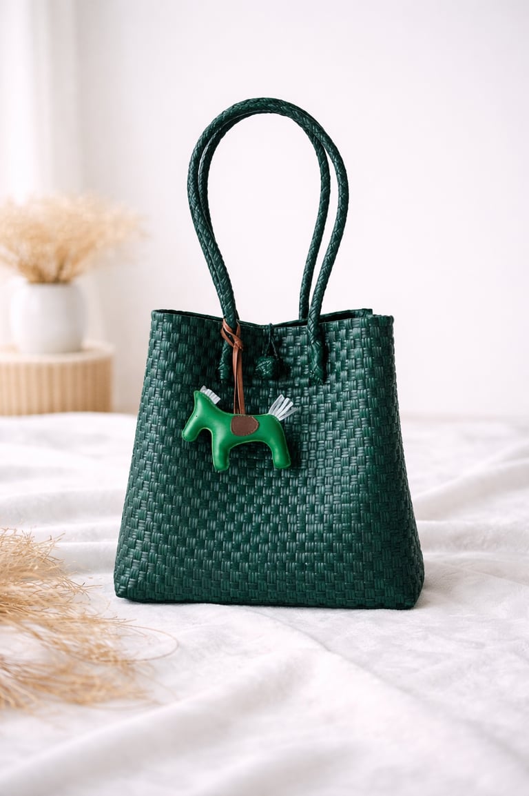 Handwoven bottle green plastic tote bag handmade from recycled materials by Indonesian artisans